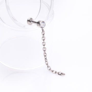 Detail View 1 of Implant Grade Titanium Sparkle Gem Long Chain Dangle Internally Threaded Labret-Clear Gem